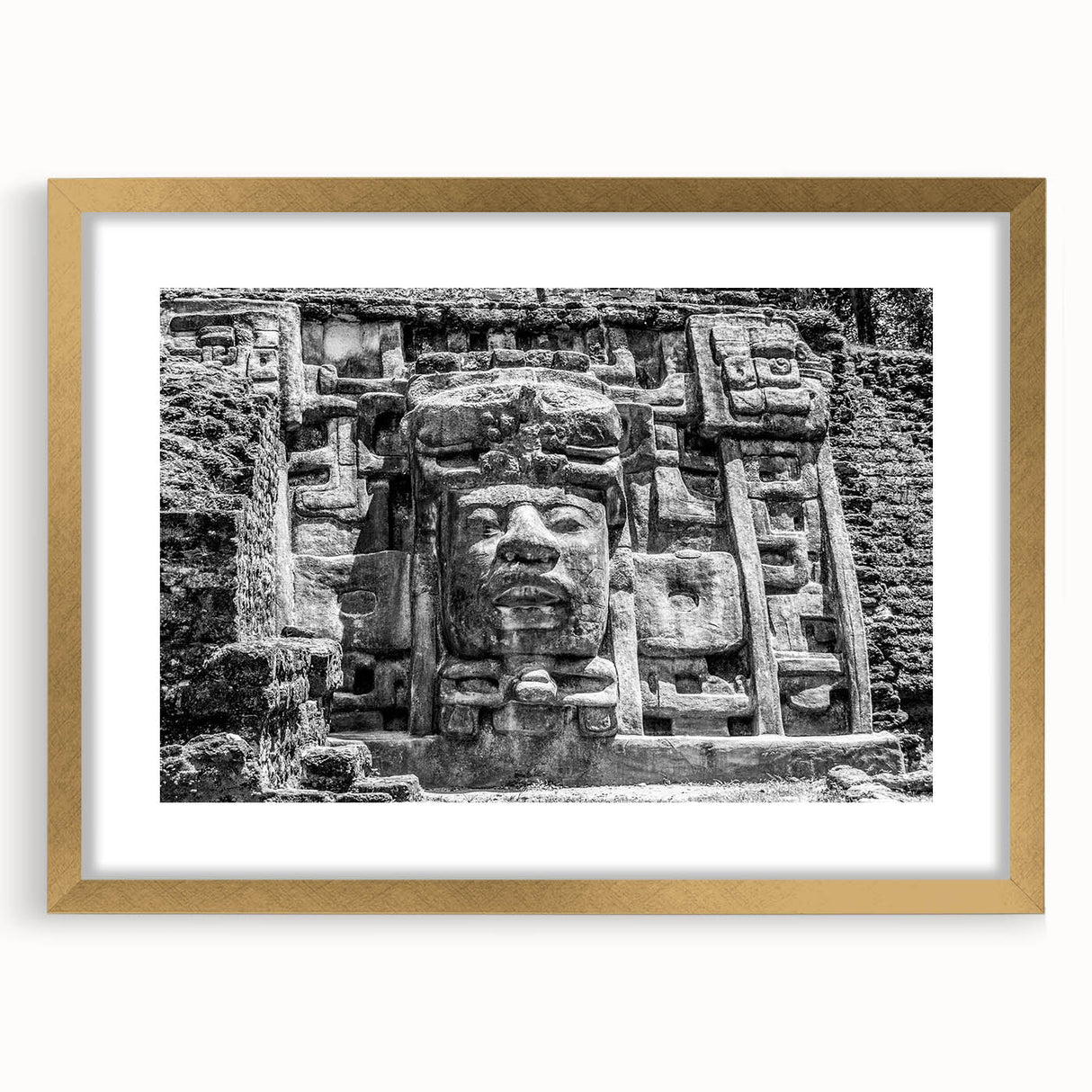 Extra large abstract art print featuring textured scenery of Central America in a gold frame, ideal for living room decor.