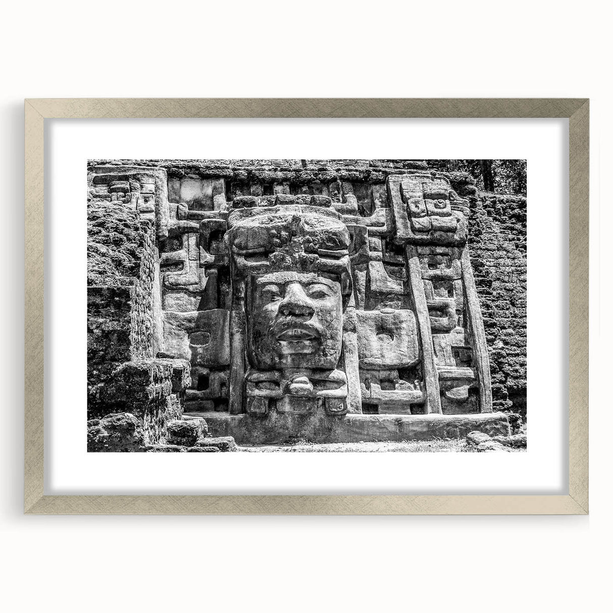 Textured abstract art print of Central America scenery in muted earth tones, framed in silver, ideal for bedroom art.