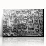 Large abstract wall art depicting a Central American scenery in muted earth tones, framed in black acrylic.