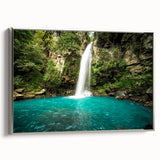 Landscape art painting of a Costa Rican scenery on framed canvas, featuring vibrant green and blue tones.
