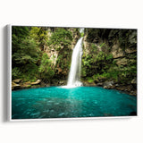 Vintage poster art of a Costa Rican landscape on a framed canvas, featuring vibrant colors, ideal for living room decor.