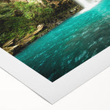 Art deco poster featuring a lush Costa Rican landscape in vibrant green and blue tones on rolled canvas.