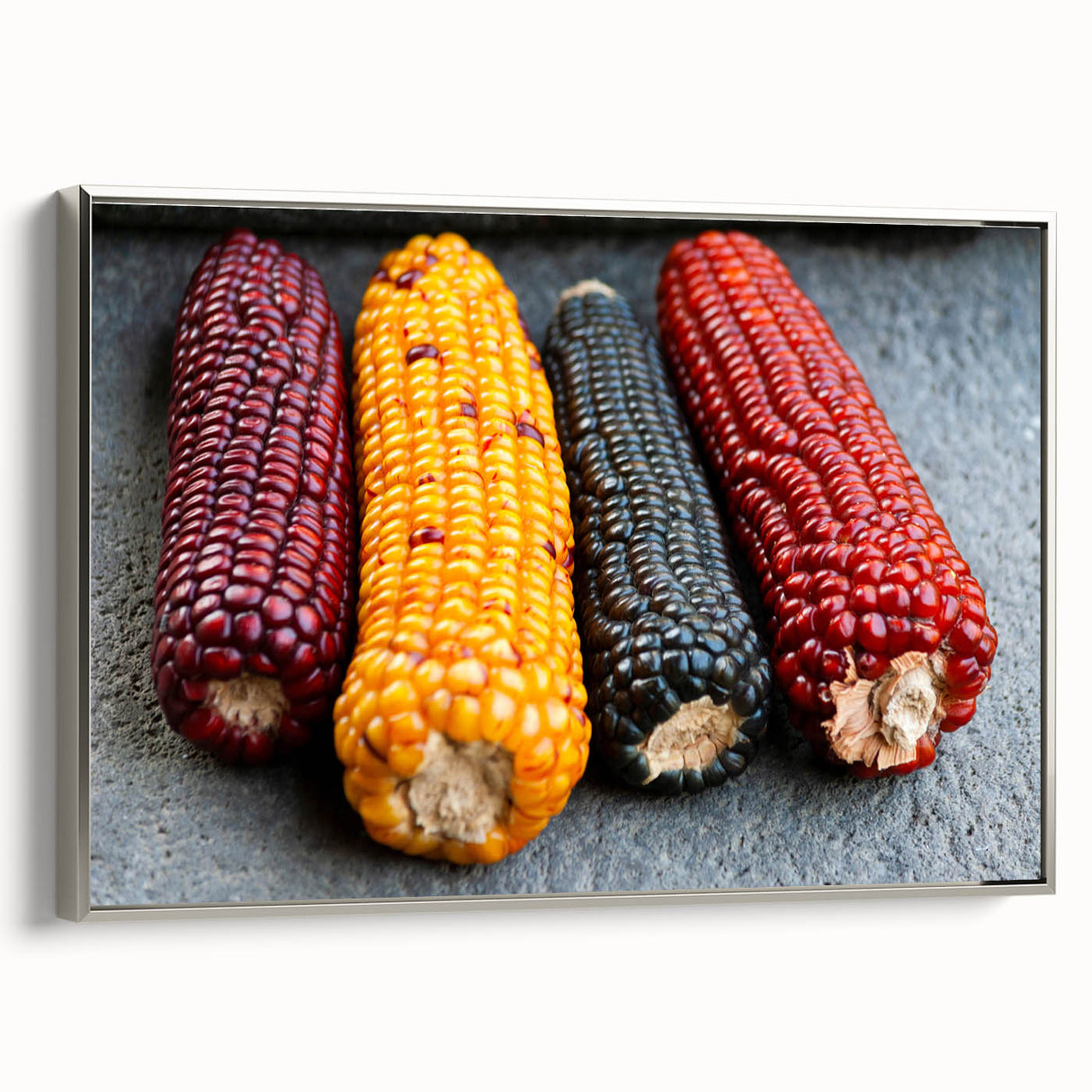 Framed canvas featuring a vintage landscape art painting of a Guatemalan scenery in vibrant colors on a black background.