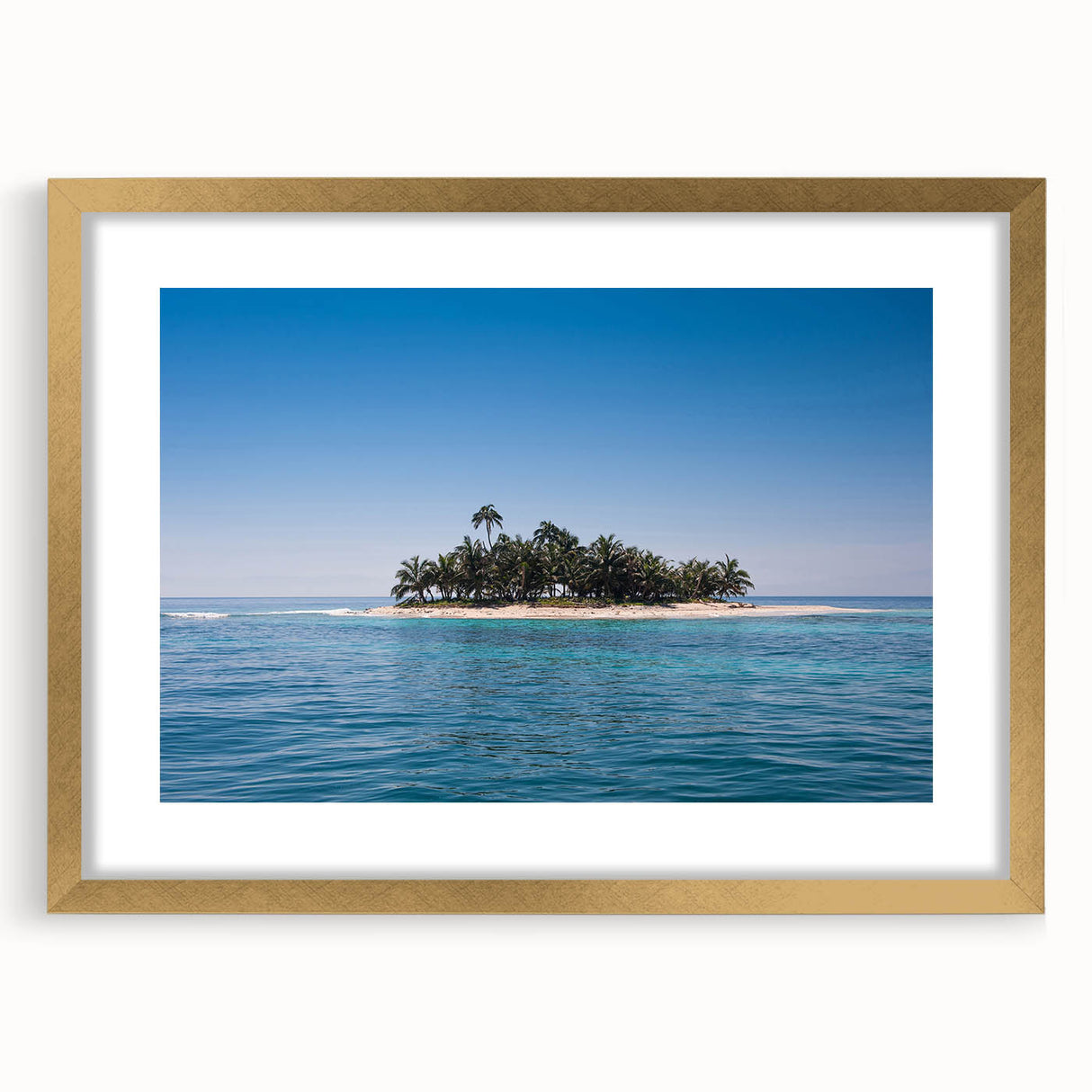Extra large abstract art print of a vibrant Central American scenery in gold frame, ideal for living room decor.