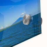 Large abstract wall art print of Central American scenery in vibrant hues on acrylic glass, suited for dining room ambiance.