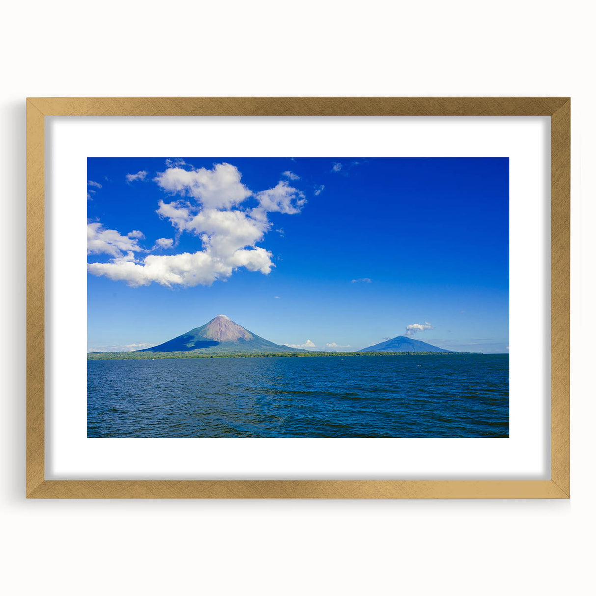 Extra large abstract art print depicting a textured scenery of Central America in a gold frame, suited for living room decor.