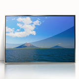 Mid-century modernist art depicting a serene Nicaraguan landscape in muted earth tones on a silver-framed acrylic.