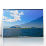 Acrylic print of a Central American landscape in art deco style, framed in white, suitable for modern nursery decor.