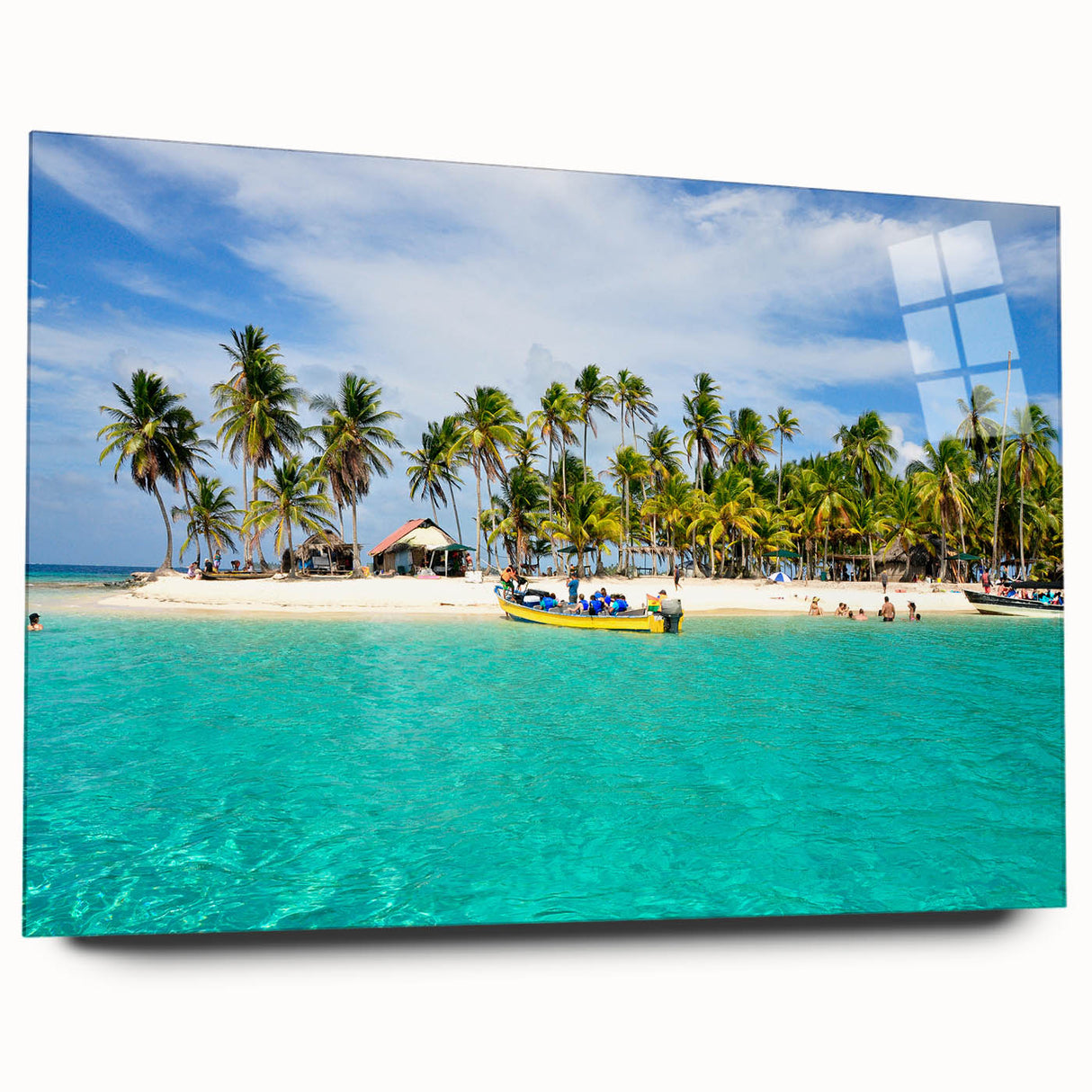 Acrylic print of a large abstract depiction of Central America in blue and green tones, ideal for bedroom or dining room art.