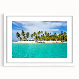 Abstract art print of a Central American scenery in muted earth tones on a white framed poster.