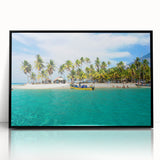 Large abstract wall art featuring a stylized Panama scenery in muted earth tones, framed in black acrylic.