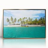 Framed acrylic print of a mid-century modernist Panama scenery in warm earth tones, suitable for modern art wall decor.