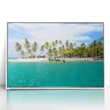 Art deco poster featuring a stylized Panama scenery in vibrant colors on a white framed acrylic.