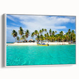 Vintage poster art of a colorful Central American scenery on a white-framed canvas, ideal for living room decor.