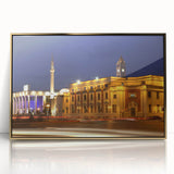 Art deco poster of an Albanian landscape in gold and blue tones, acrylic framed, suitable for modern nursery decor.