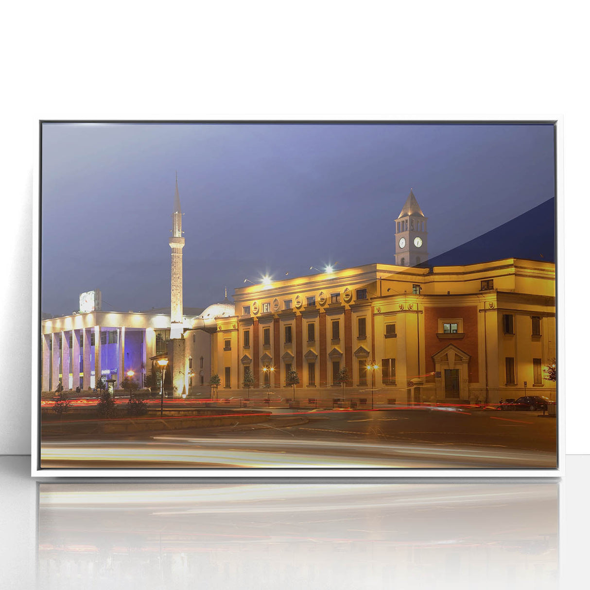 Mid-century modernist art depicting a serene Albanian landscape in muted earth tones on a framed acrylic panel.