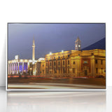 Mid-century modernist art depicting a serene Albanian landscape in muted earth tones on a framed acrylic panel.