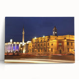 Black and white photograph of a European cityscape on stretched canvas, ideal for kitchen wall art.