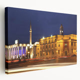 Large art featuring a serene Albanian landscape on stretched canvas, with muted green and blue tones.