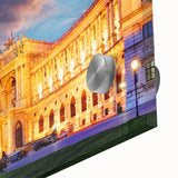 Large abstract wall art of a European scenery in Austria, rendered in mid-century modernist style on acrylic glass.