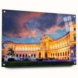 Acrylic print of a European landscape in muted greens and blues, ideal for dining room decor.