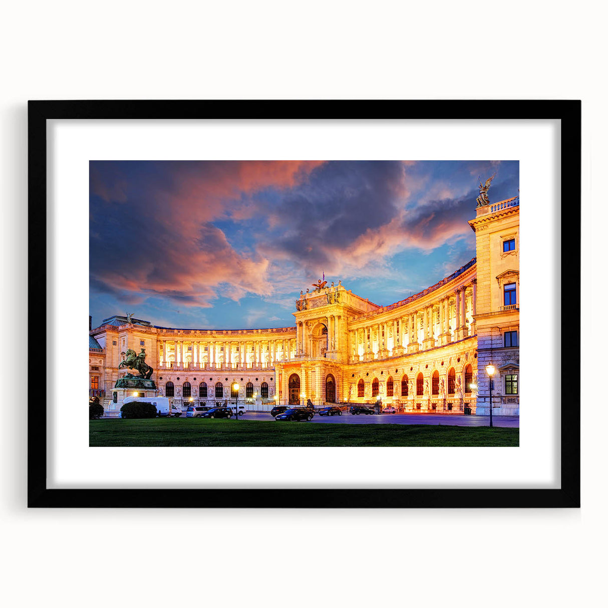 Extra large abstract art print featuring a textured, colorful depiction of a European scenery, framed in black.