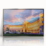 Mid-century modernist art of an Austrian landscape, muted earth tones on a framed acrylic, suitable for nursery wall decor.