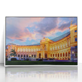 Art deco style poster of a European scenery in Austria, featuring muted earth tones on framed acrylic.