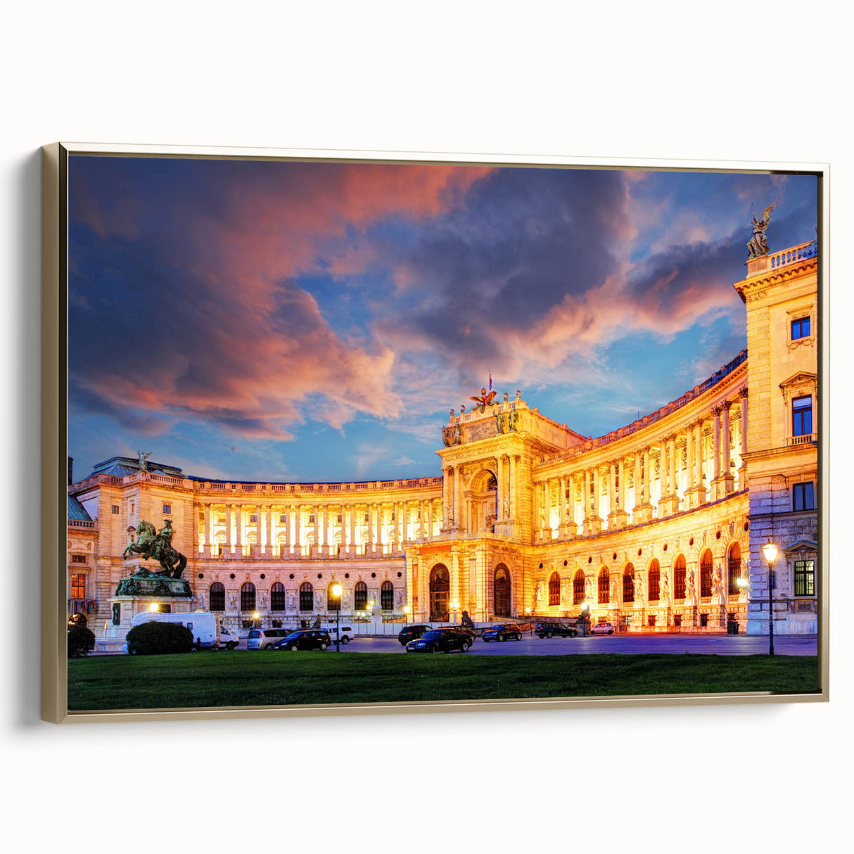 Framed canvas featuring a vintage-style landscape painting of an Austrian scenery in muted gold and black tones.
