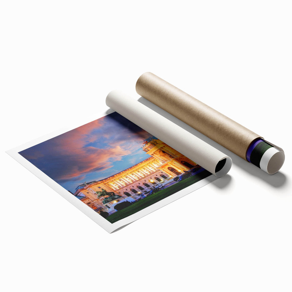 Extra large wall art featuring a scenic Austrian landscape with vibrant green hues on a rolled print.