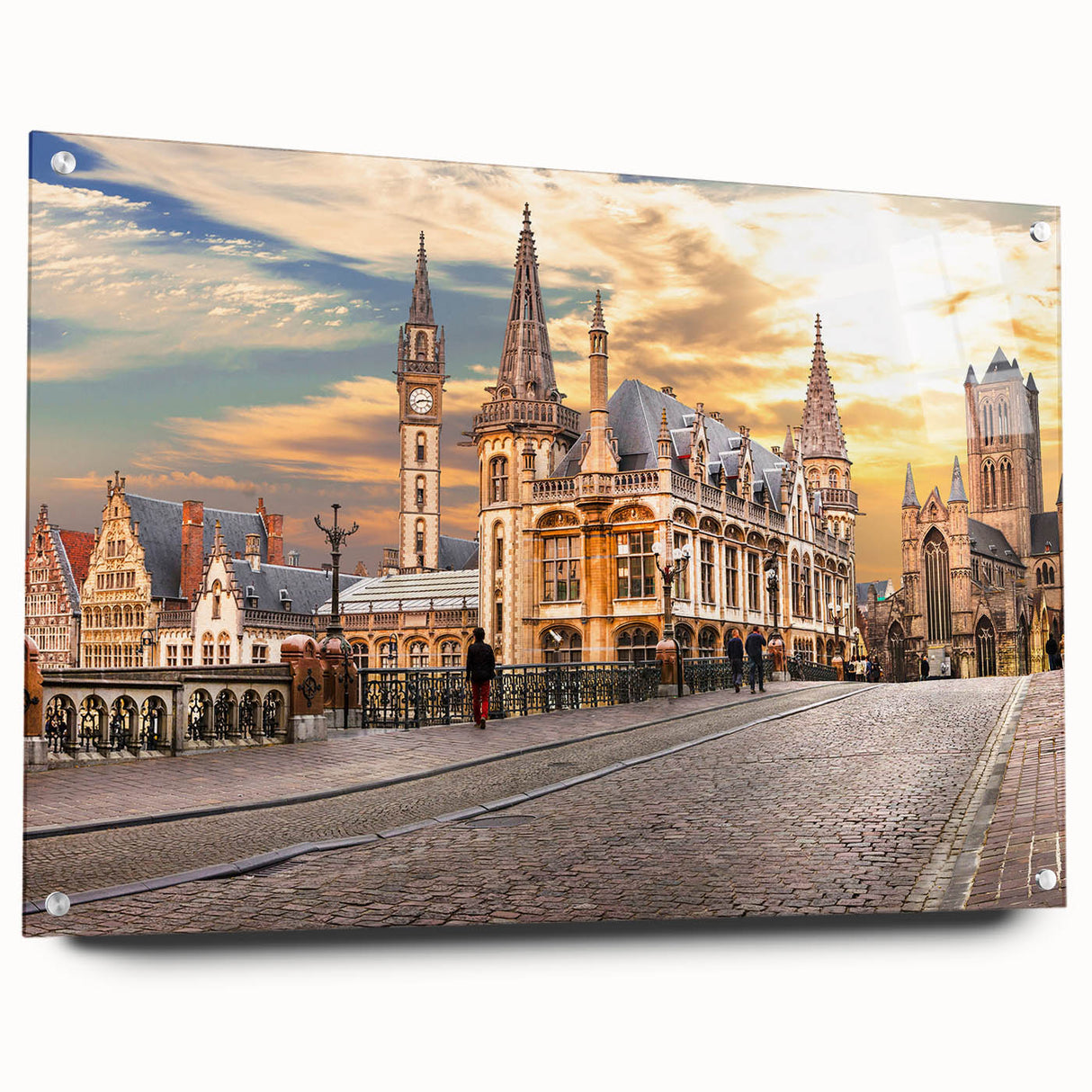 Acrylic print of a large abstract depiction of a European scenery in muted earth tones, ideal for dining room decor.