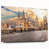 Large abstract wall art of a European scenery in muted earth tones, printed on acrylic glass.