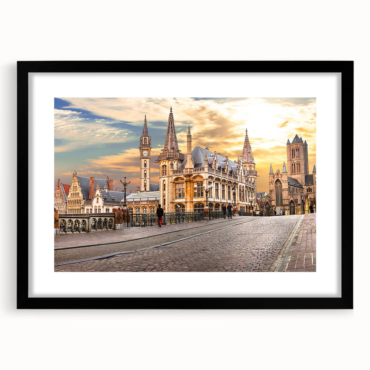 Extra large abstract art print of a colorful, textured European scenery on a black framed canvas.