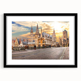 Extra large abstract art print of a colorful, textured European scenery on a black framed canvas.