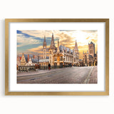 Abstract art print of a European landscape in muted earth tones, framed in gold, ideal for dining room decor.