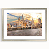 Extra large abstract art print of a textured European scenery in silver frame, suitable for living room decor.