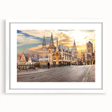 Textured abstract art print of a European scenery in muted earth tones, framed with a white mat, ideal for bedroom decor.