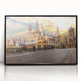 Large abstract wall art depicting a European scenery with muted earth tones on a framed acrylic.
