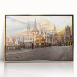 Art deco poster featuring a serene Belgian landscape in muted gold and green tones, acrylic print framed.