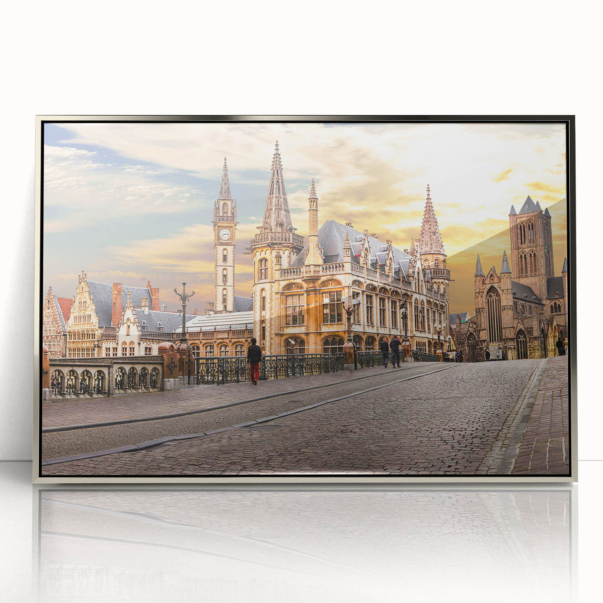Large art print of a serene Belgian landscape in muted greens and blues, framed in silver acrylic.