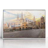 Mid-century modernist art depicting a serene Belgian landscape in soft pastel shades, framed acrylic.