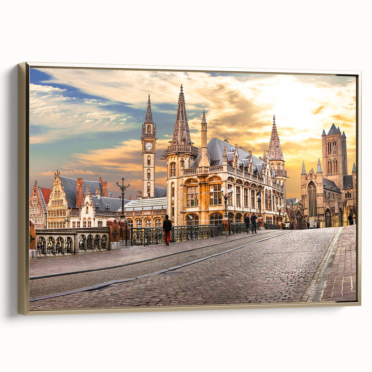 Framed canvas featuring a vintage-style landscape painting of a Belgian scenery in muted gold and black tones.