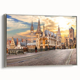 Framed canvas depicting a colorful vintage European landscape, ideal for enhancing a living room or study.
