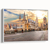 Vintage poster art of a European Belgium scenery on a framed canvas, featuring muted earth tones.