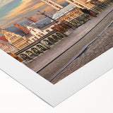 Art deco poster of a European Belgian landscape in muted earth tones on rolled canvas, suitable for dining room walls.