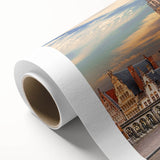 Art deco poster of a serene Belgian landscape in soft green and blue tones, rolled canvas, suitable for nursery wall art.