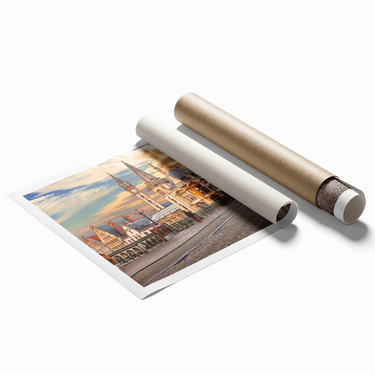 Rolled print of a European scenery with vibrant floral elements in pastel shades.