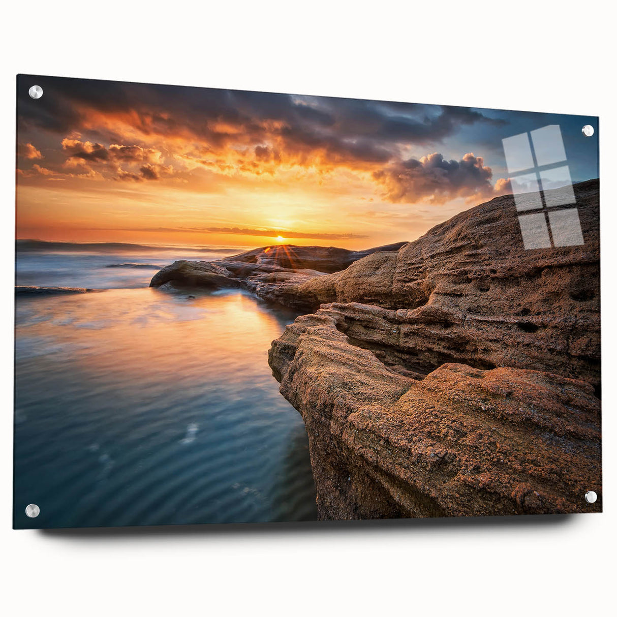 Large abstract wall art depicting European scenery on acrylic glass, in muted earth tones.