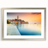Extra large abstract art print of a textured European Croatian scenery in muted earth tones, framed in silver.