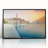 Large abstract wall art of a Croatian landscape in muted earth tones, framed in black acrylic.